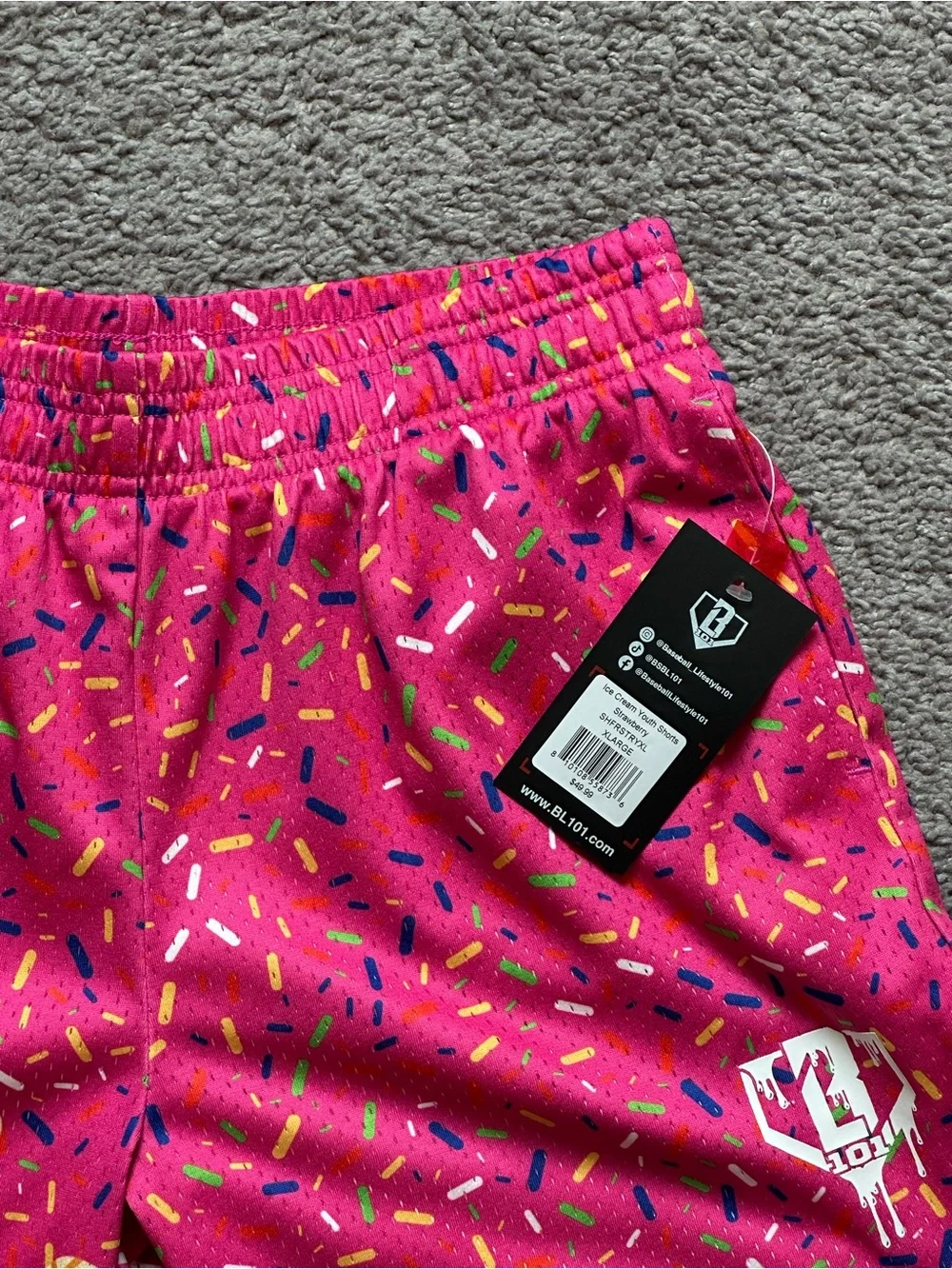 NWT BL101 Ice Cream Youth Shorts Polyester Sprinkles Pink Baseball YXL